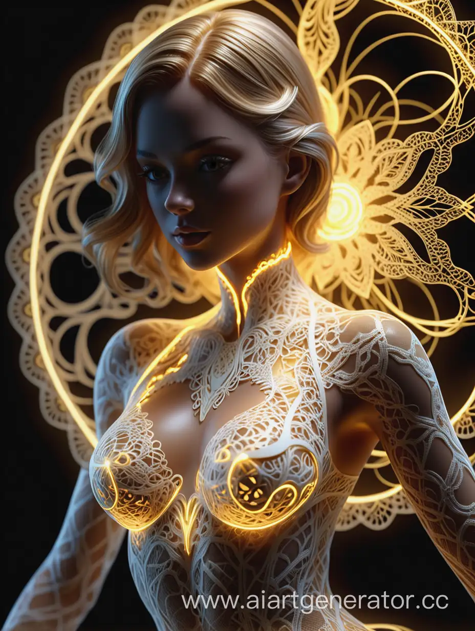 8K, максимальная детализация: 3D орнамент из тончайших переплетающихся кружевных электрических разрядов светящихся золотым светом повторяет формы супер  сексуального всего не видимого женского тела и лица в разных позах - само тело полностью прозрачное.