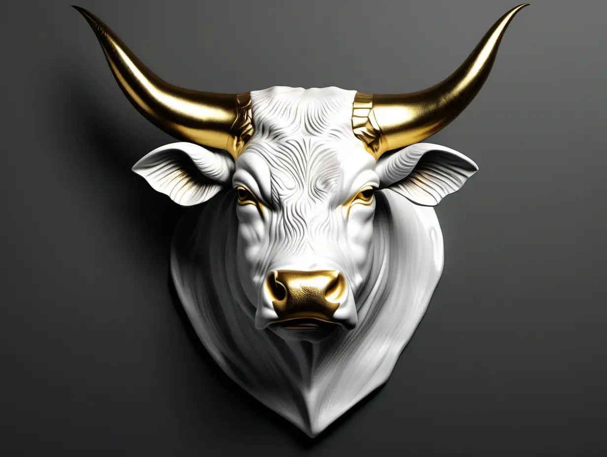 Realistic white bull head side away, black background, gold horns