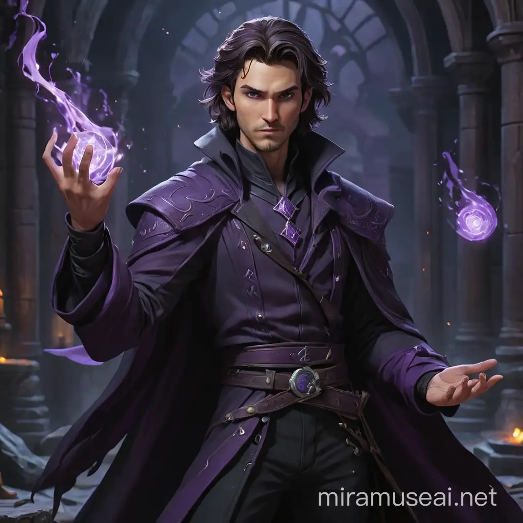 dungeons and dragons,fantasy,human,male,A half-dead wizard casting purple spells from his hands, wearing a black coat with purple details and black trousers, the background is a dark palace