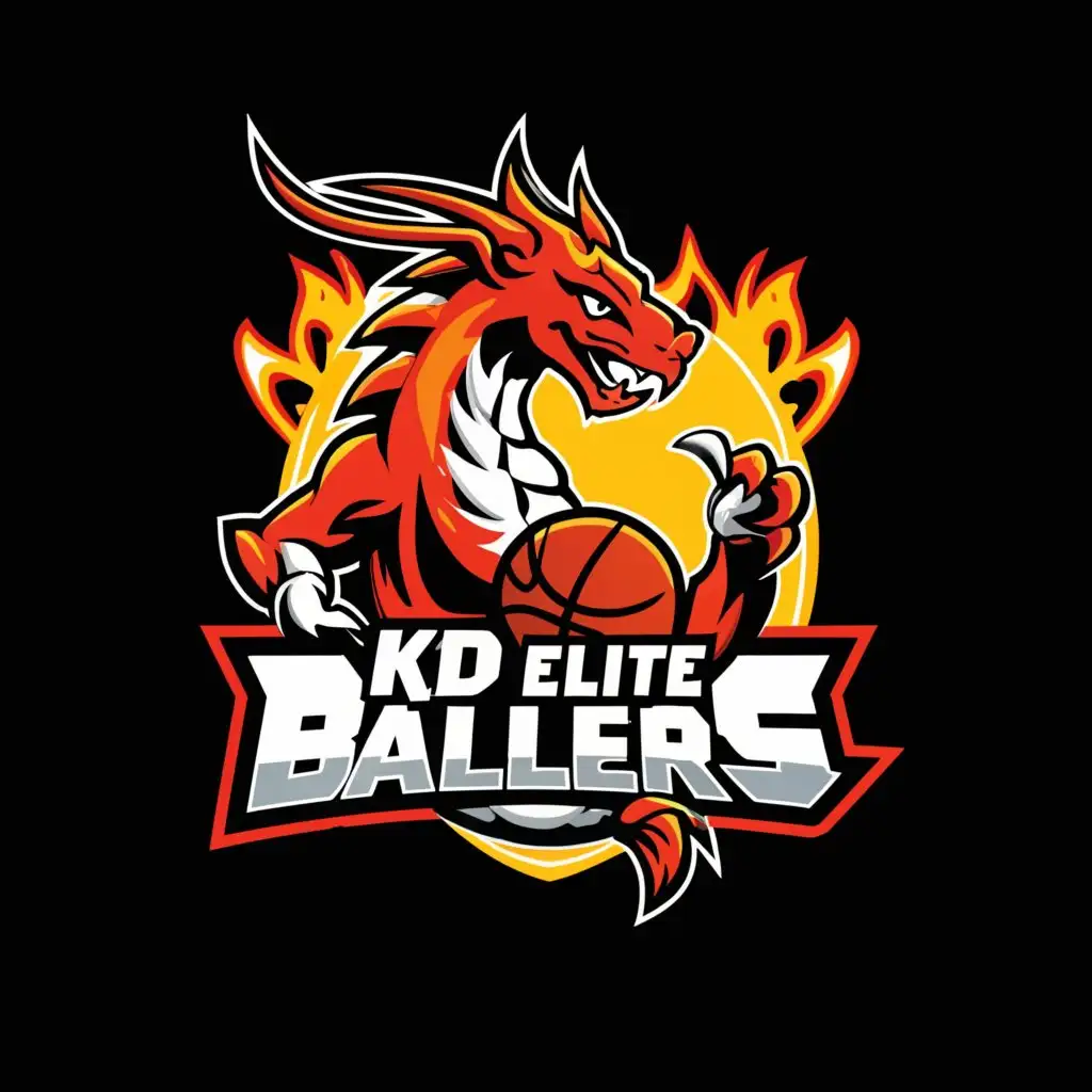 a logo design,with the text "KD ELITE BALLERS", main symbol:Dragon with basketball on chest,Moderate,be used in Sports Fitness industry,clear background