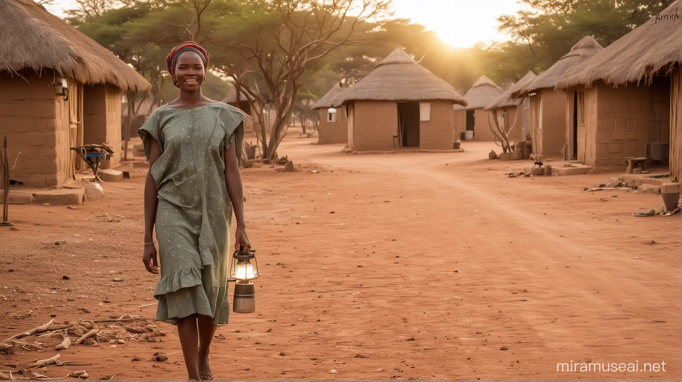 African Woman Carrying Solar Light in Rural Village with Rondavel Mud Huts