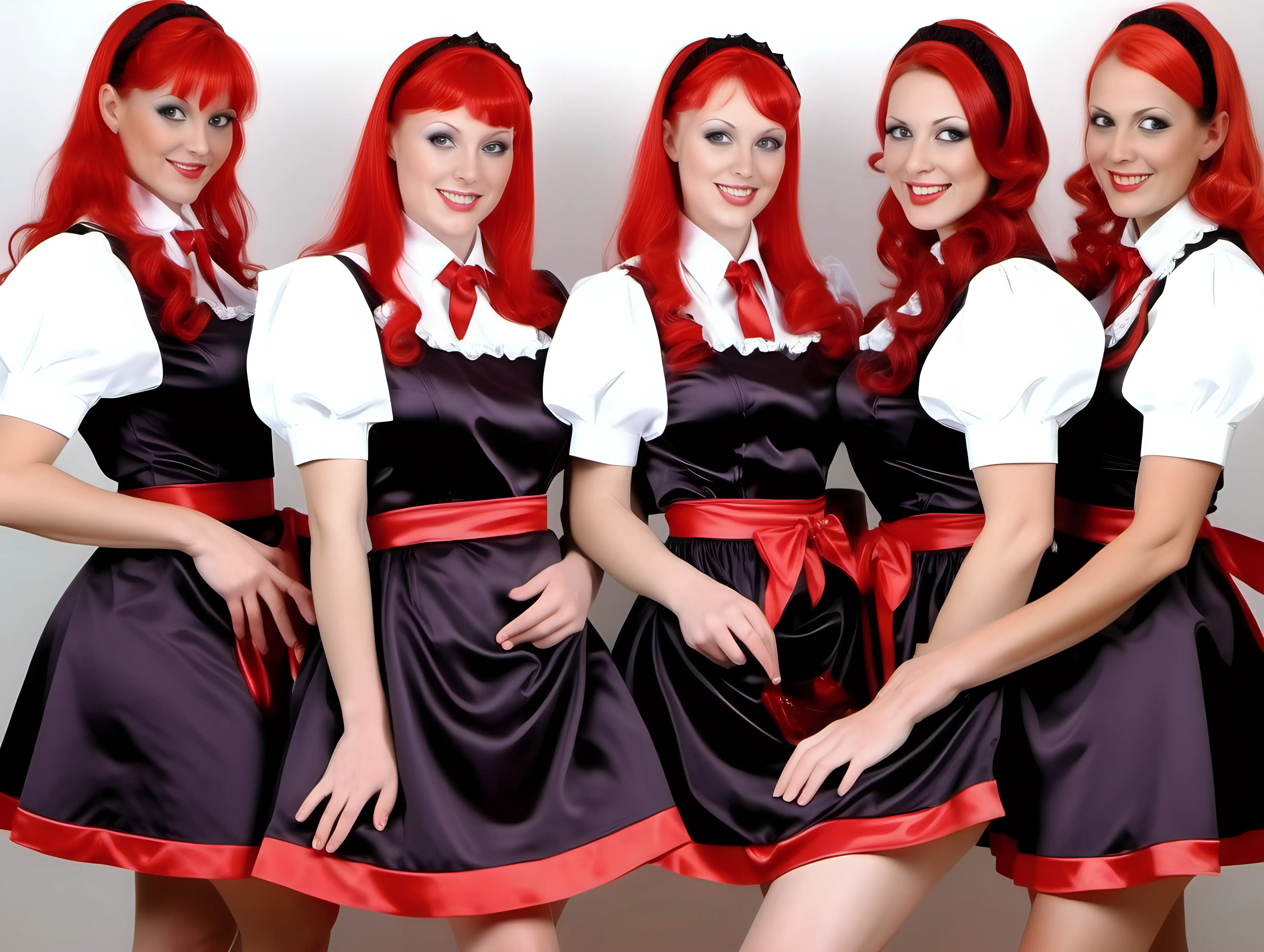 girls in long crystal satin retro maid red lilac black uniforms and milf mothers long blonde and red hair