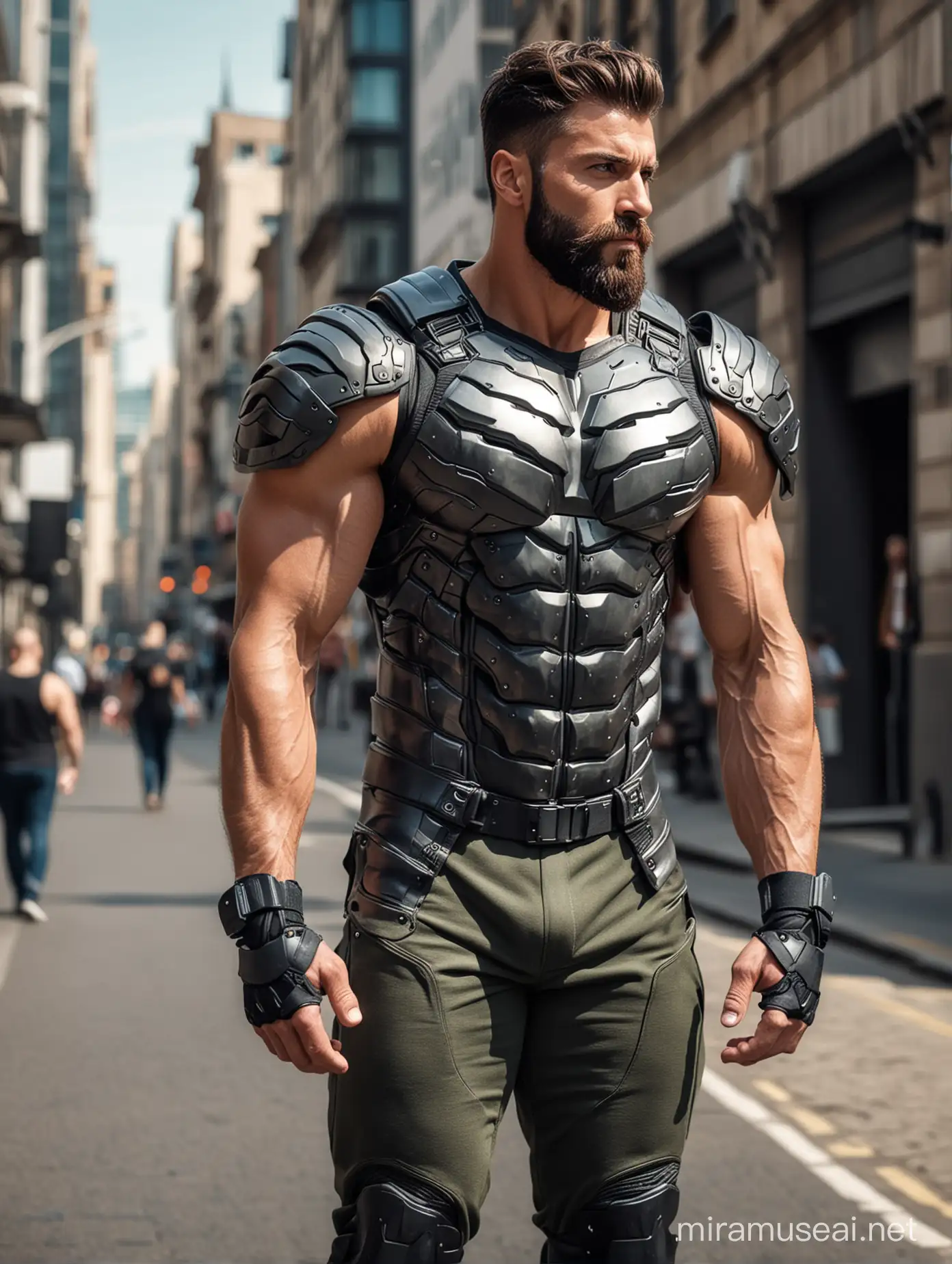 Futuristic HighTech Bodybuilder Men in Military Armor Suit Stride Along Urban Street