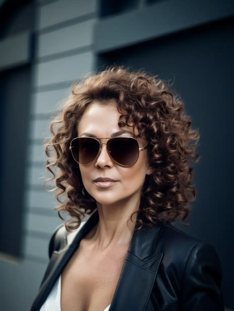 Stylish Russian Wife with Curly Brown Hair and Sunglasses