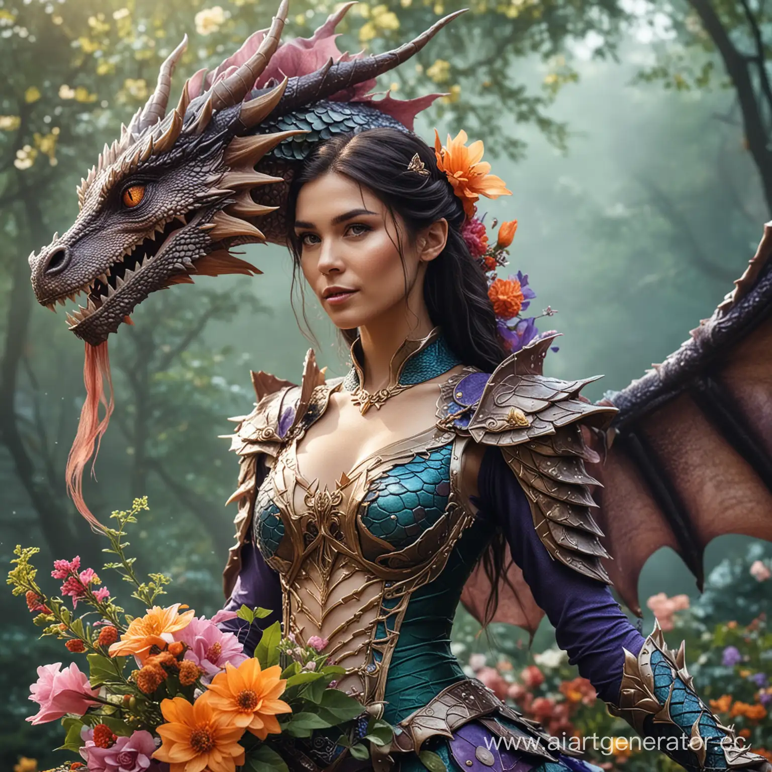 Женщина в облике дракона фентези с цветами