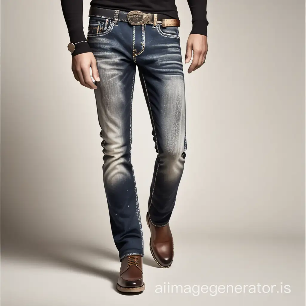 Create subtle fading and worn-in look of the stone wash jeans for men contemporary style and authentic vintage vibes, having contrast stitching and metal accessories.