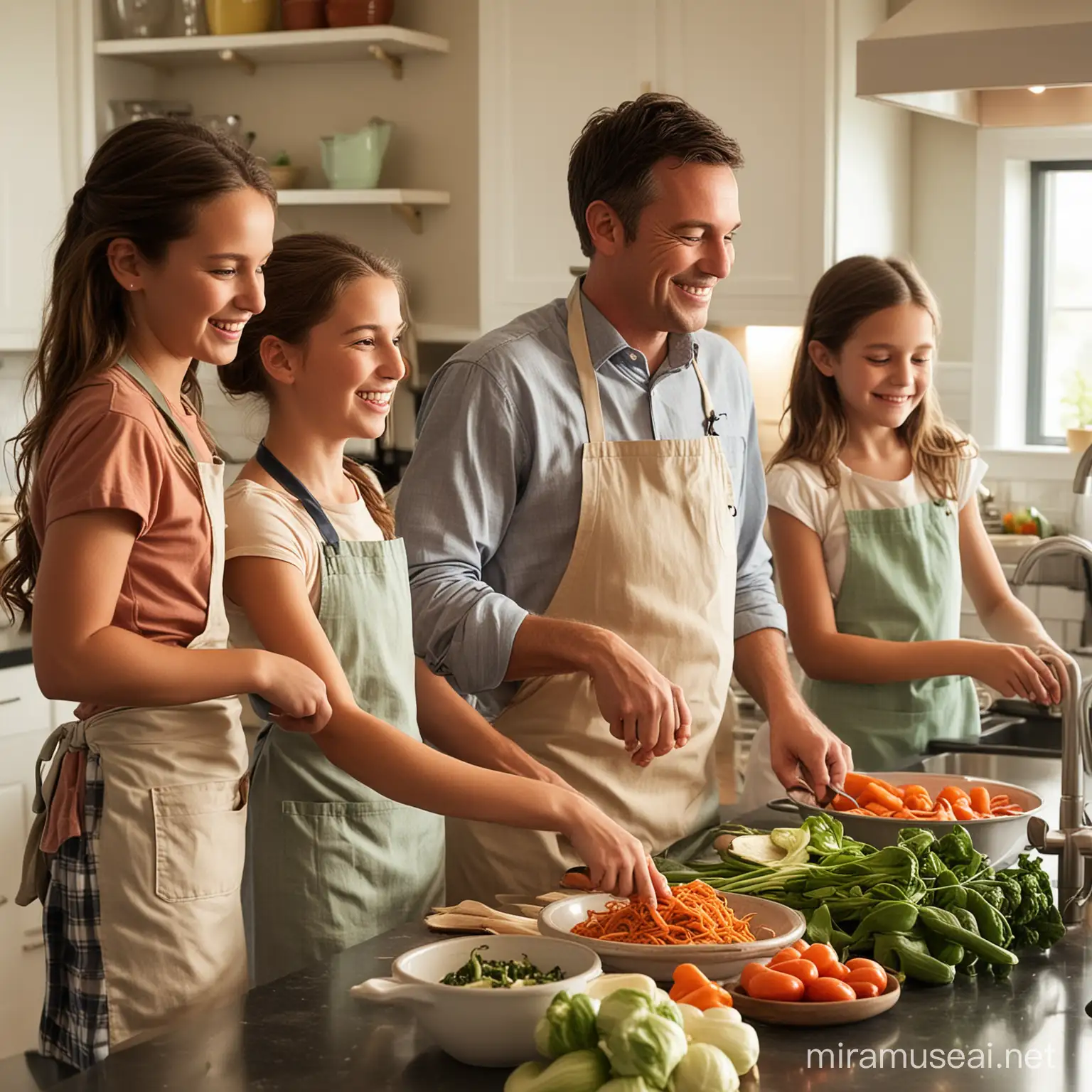 "A father and his children gather around the kitchen counter, aprons tied and smiles bright as they chop vegetables and stir pots together. The warm glow of the kitchen lights illuminates their faces, capturing a moment of joy and togetherness in the midst of meal preparation."