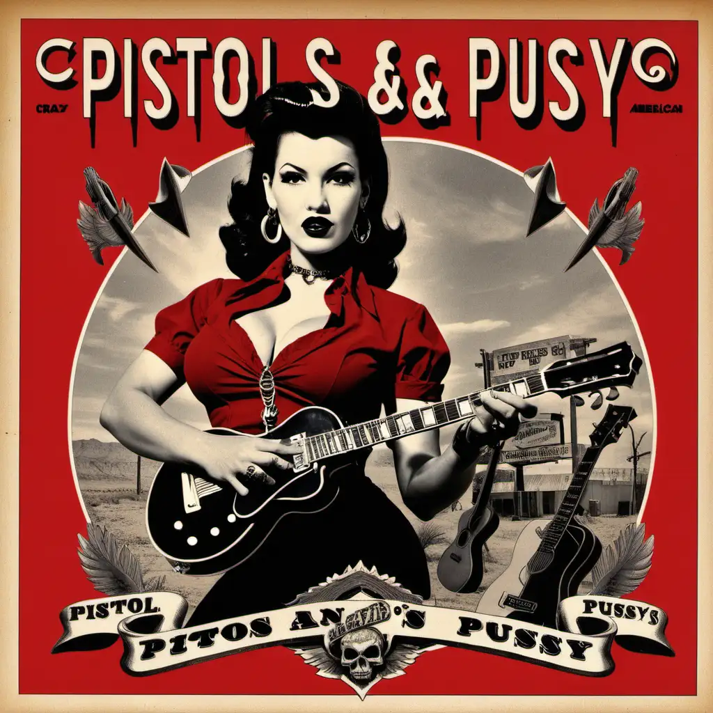crazy, native amercian , rockabilly album cover in red and black, titled "Pistols & Pussy's"