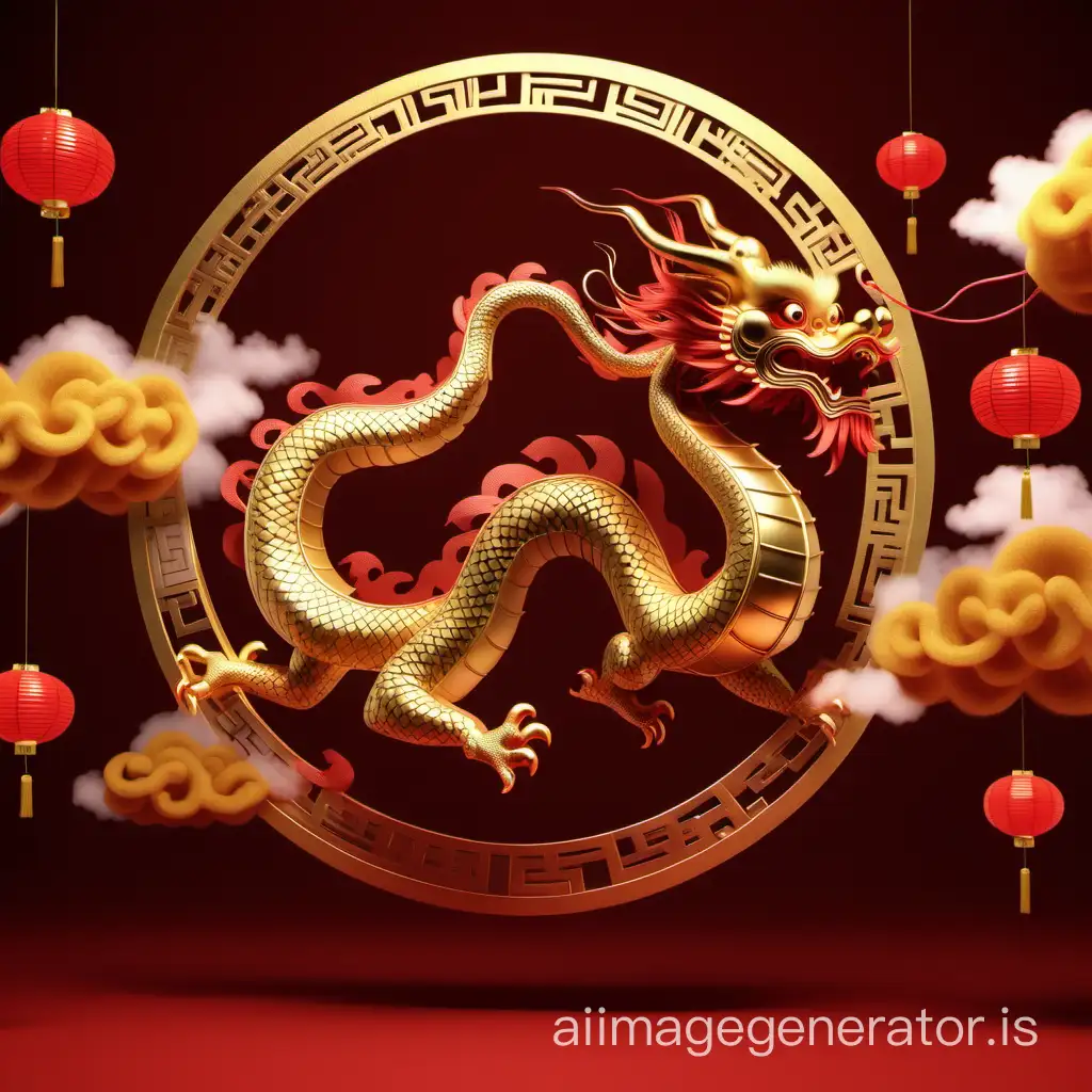 a chinese dragon made of golden wool flying, background in red, chinese new year style, background with chinese elements such as chinese clouds and lanterns, close-up view, 3d rendering, 8k ultra resolution.