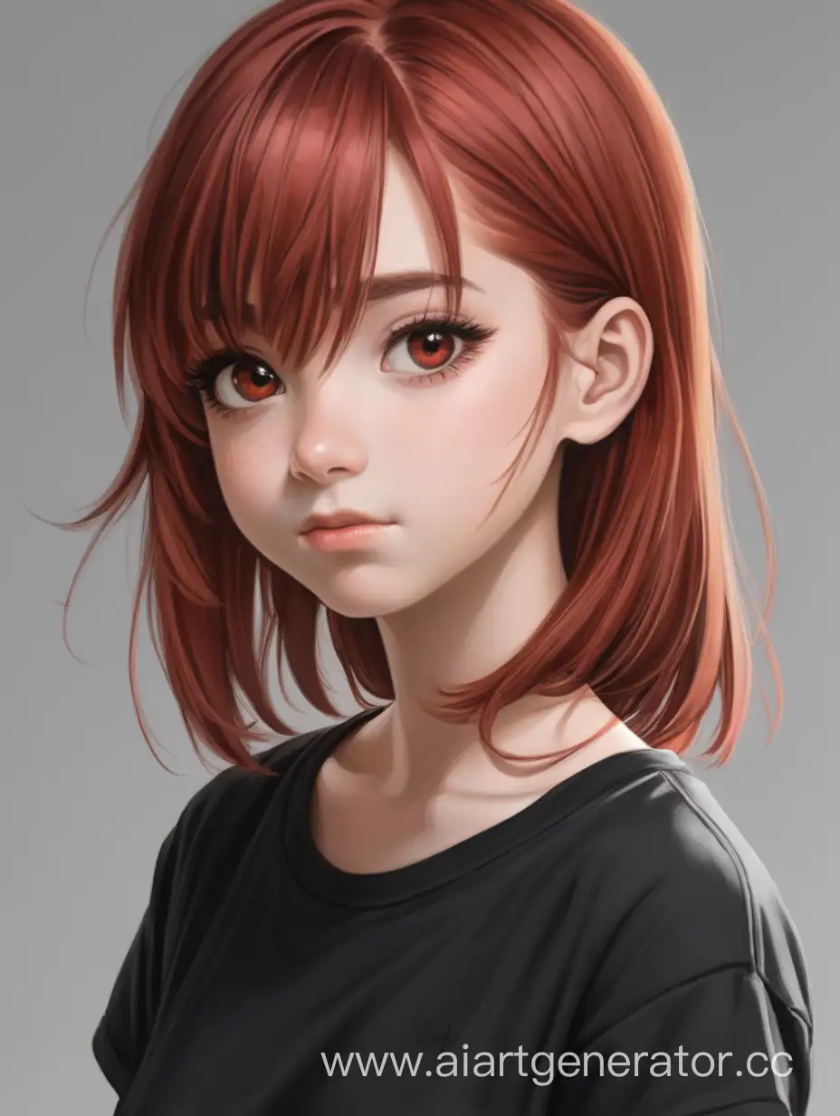 Девушка среднего роста с карими глазами и вишнёво красными волосами в футболке черного цвета