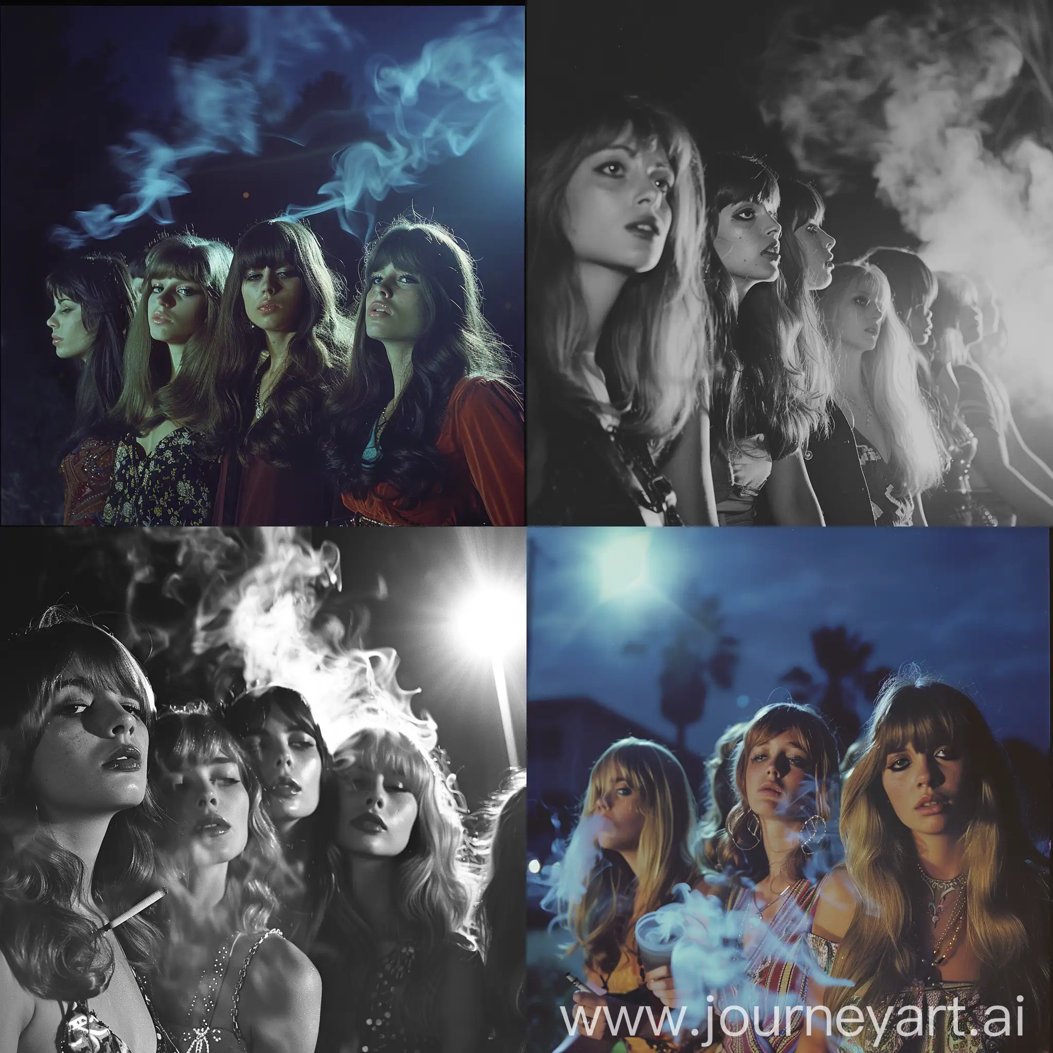 group of women, 1969, retro, bangs, outside, night, smoke, ethereal. dreamy, rockstar, 