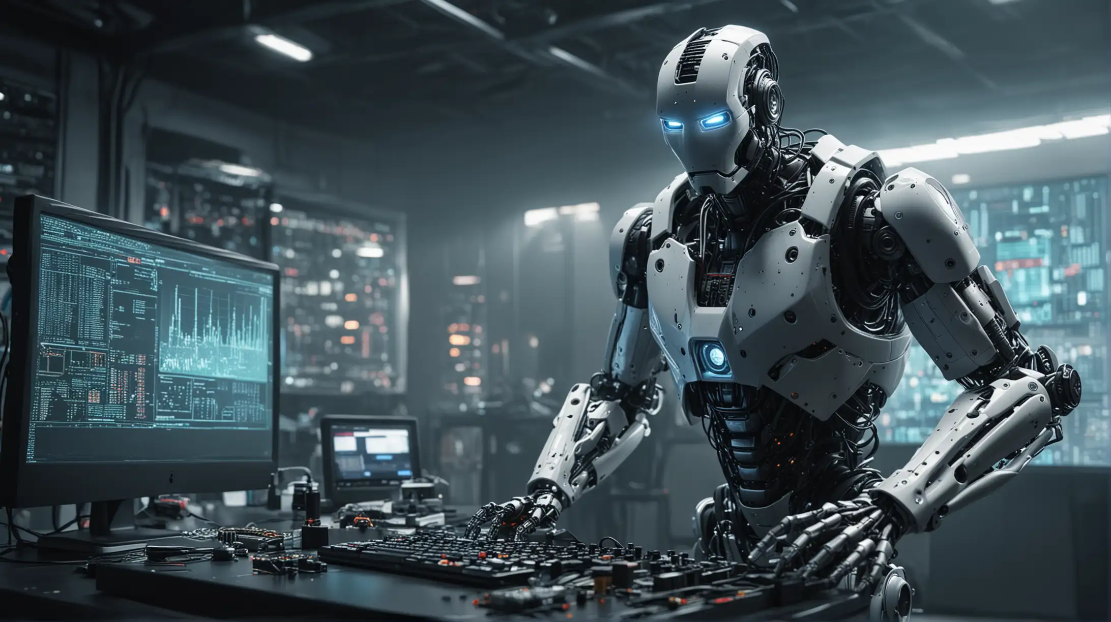 Create a robot creating risk on a huge cyber electronic set-up in a working environment.
