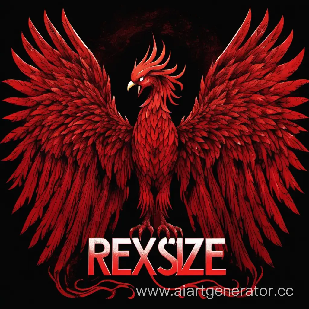 Красный феникс на черном фоне с надписью REXSIZE FAMQ
