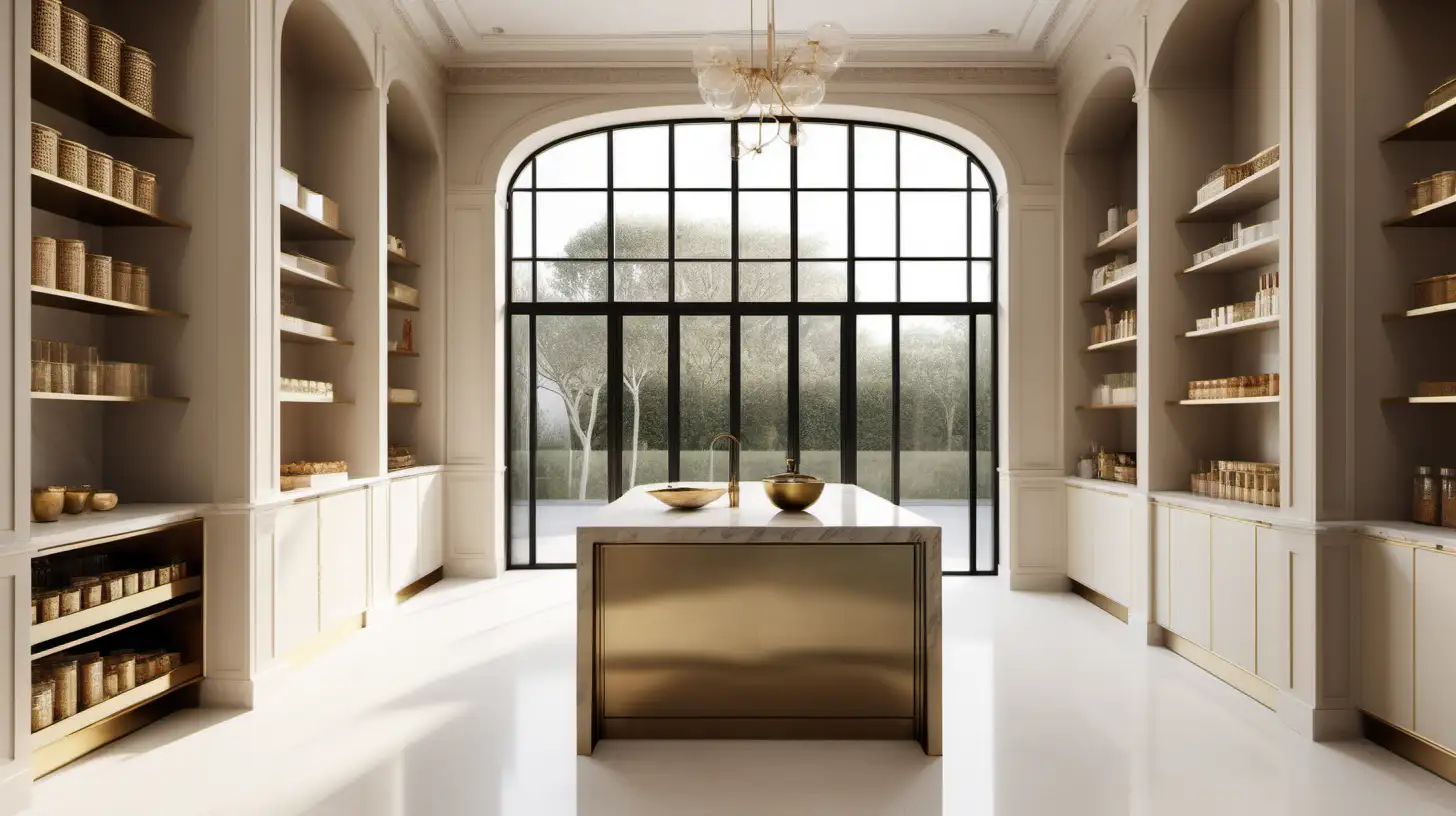 Grand Minimalist Classical home pantry; Biege render; floor to ceiling window; high ceilings; brass