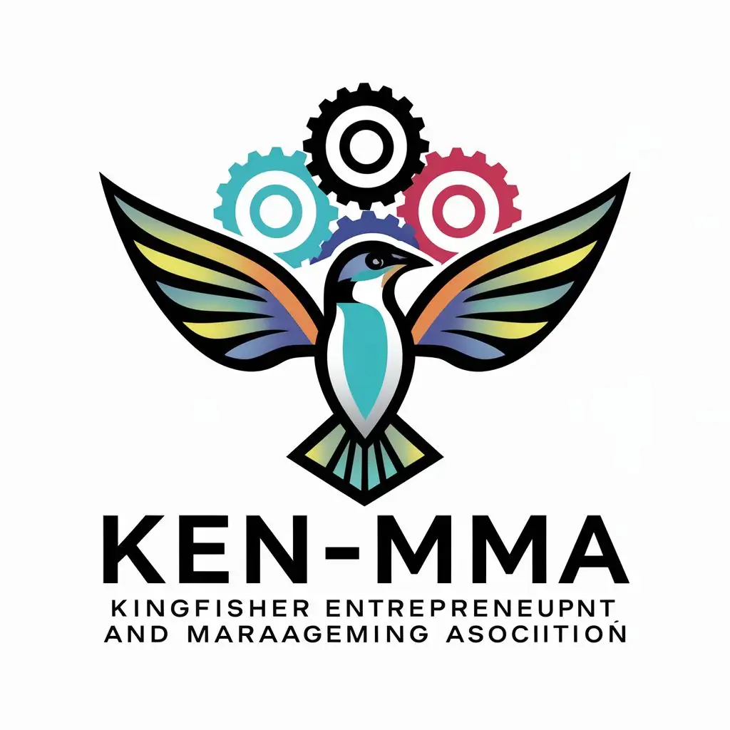 logo, The logo features a stylized kingfisher bird with its wings spread wide, symbolizing the association's dynamic and forward-thinking nature. The bird is depicted in vibrant colors to represent creativity, energy, and enthusiasm.

Behind the kingfisher, there are three interconnected gears or circles, each representing one aspect of the association: entrepreneurship, management, and marketing. These gears/circles symbolize the synergy and collaboration among different disciplines within KENMMA.

White Background, with the text "KENM^2A (Kingfisher Entrepreneur, Management, and Marketing Association)", typography, be used in Education industry