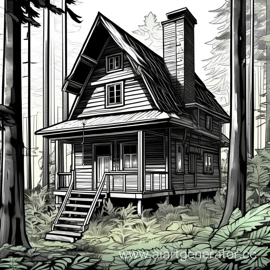 двух этажный домик из дерева, в лесу для комикса вид 3 четверти лайна мало 
