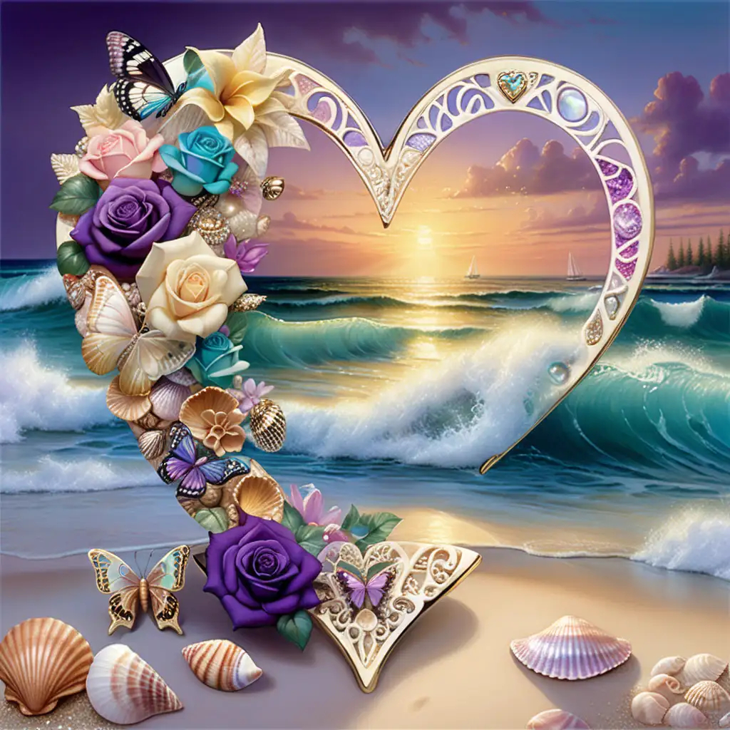 Radiant Neon Mother of Pearl Beach Scene with Sea Shell Butterfly