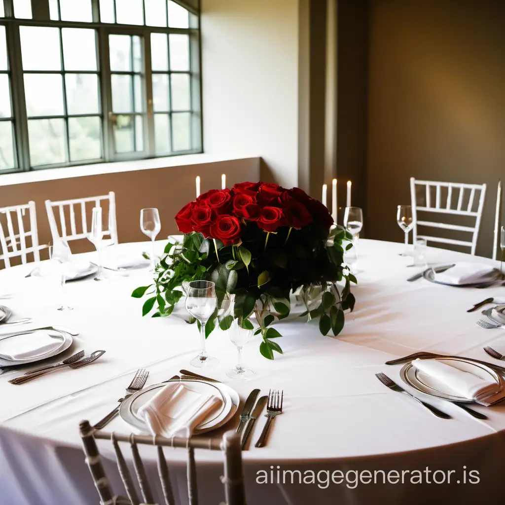 a plain round wedding table set for 8 people with white tablecloth and the centerpiece is a red rose