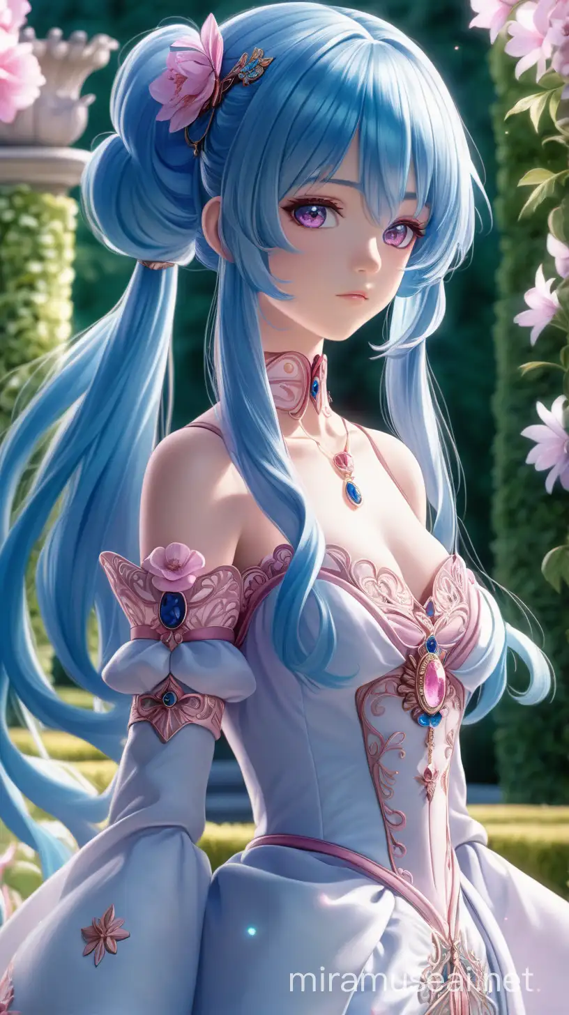 a anime princess with blue hair and pink eyes. she is walking through the royal garden in a stunning royal dress. Realistic anime. Long hair. Front of the screen. Close to the screen. Anime style