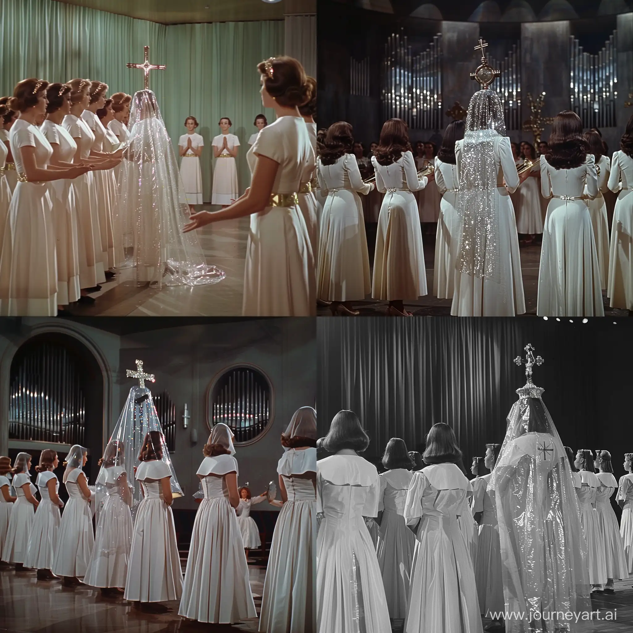 a church choir of women wearing long white dresses with a transparent robe with a shiny cross on top, screenshot from 1960s movies