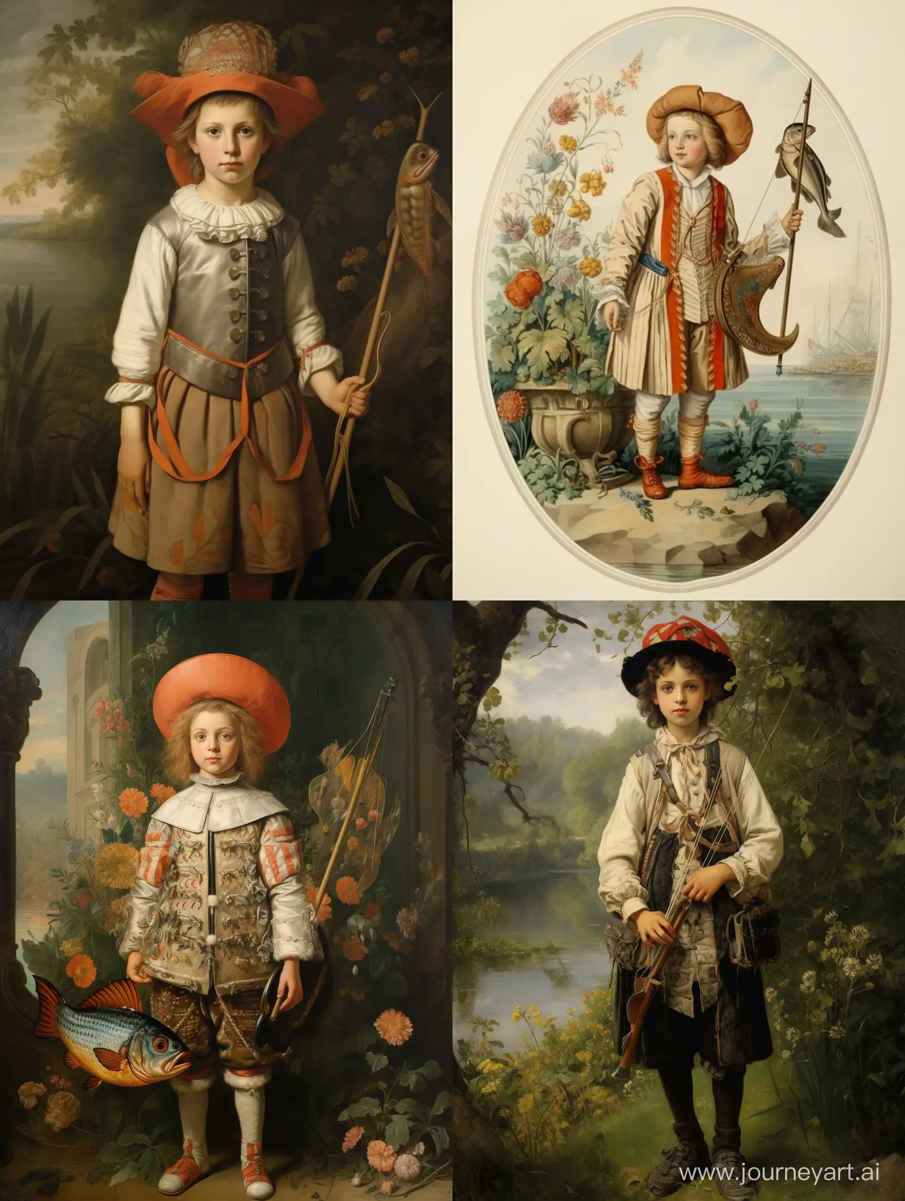 A twelve-year-old guy in a folk costume with a fishing rod. It stands in the center. There are girls on the edges. At the age of five and fifteen, the eldest has fish juices