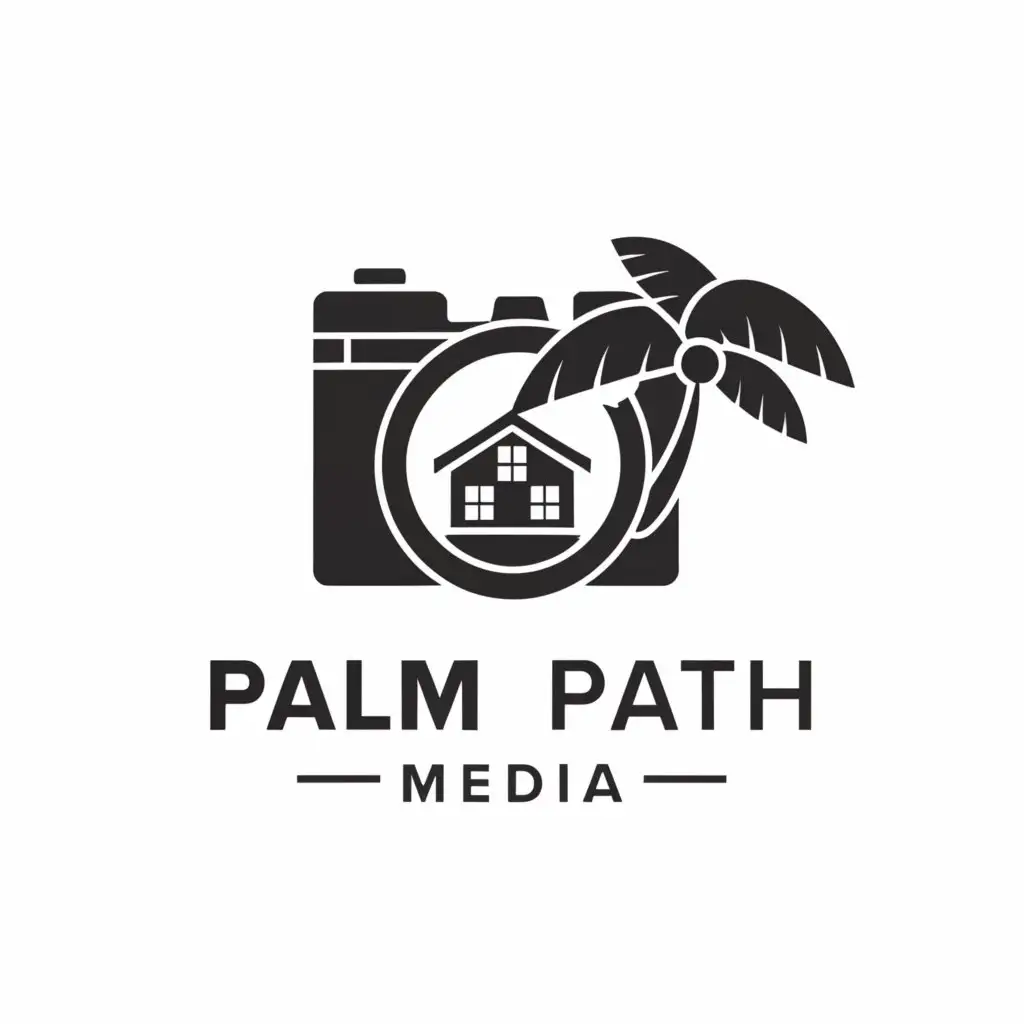a logo design,with the text 'palm path media', main symbol:a camera with a house in the lens and a palm tree, Minimalistic,clear background, fill in the house with black