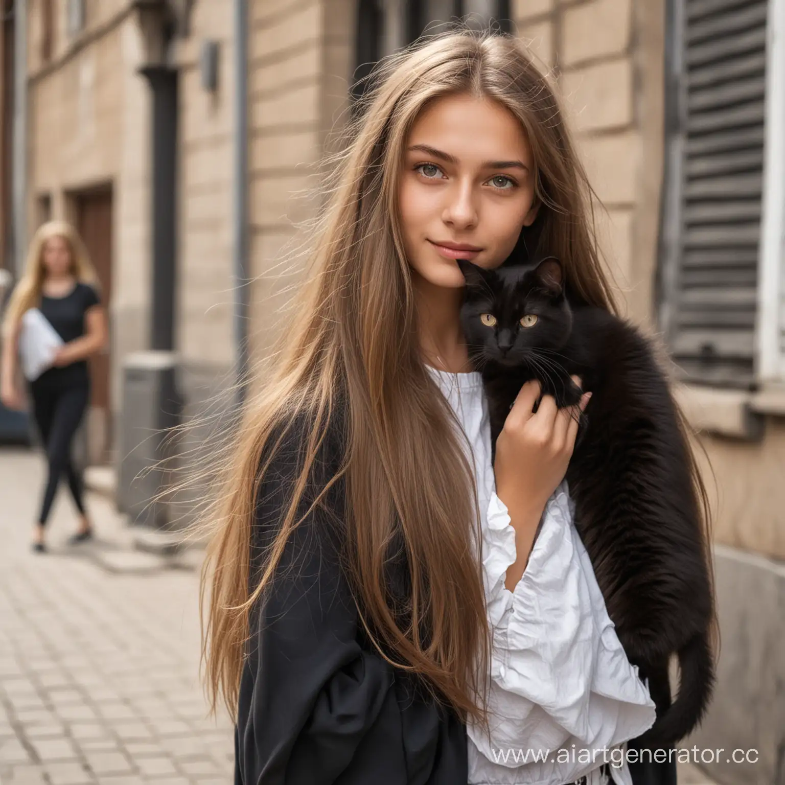 русско-еврейская по национальности девушка на улице летом, высокая, худая, длинные светло-русые волосы со светлыми концами, светло-серые глаза, рядом черный кот 