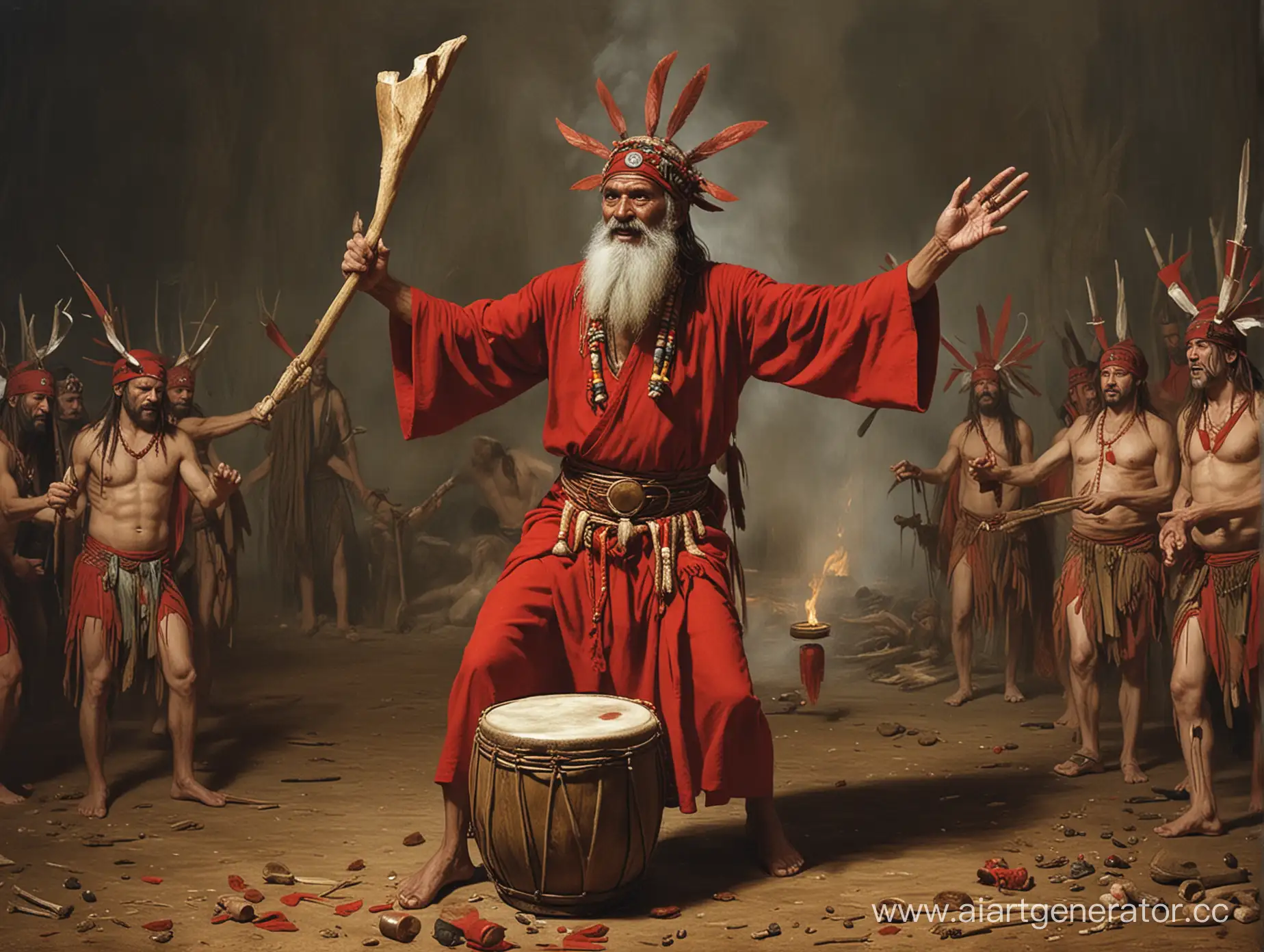 Shamanic-Ritual-with-Red-Drum-Sickle-and-Hammer-Devotion-to-Marxist-Teachings