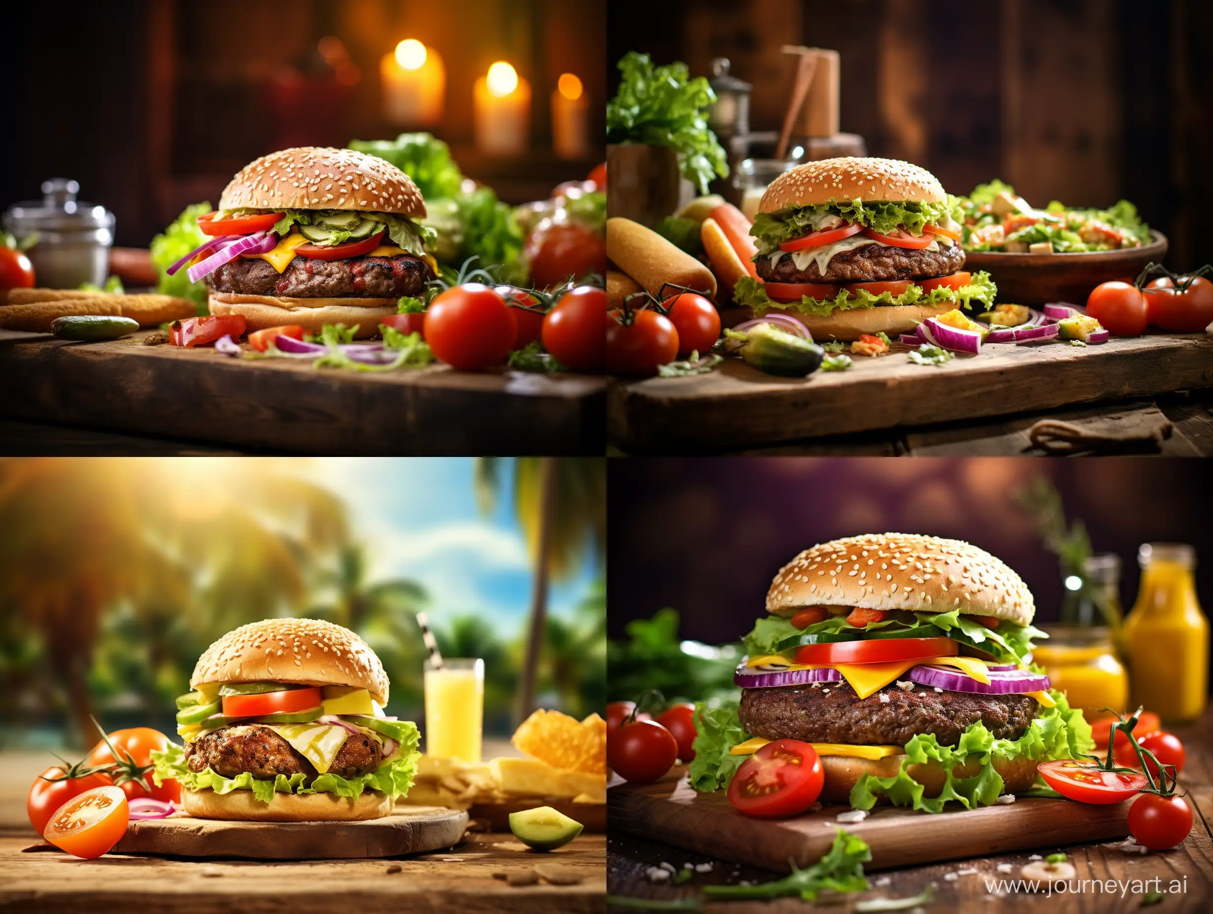 Vibrant-Still-Life-Best-Quality-Hamburger-on-Wooden-Board