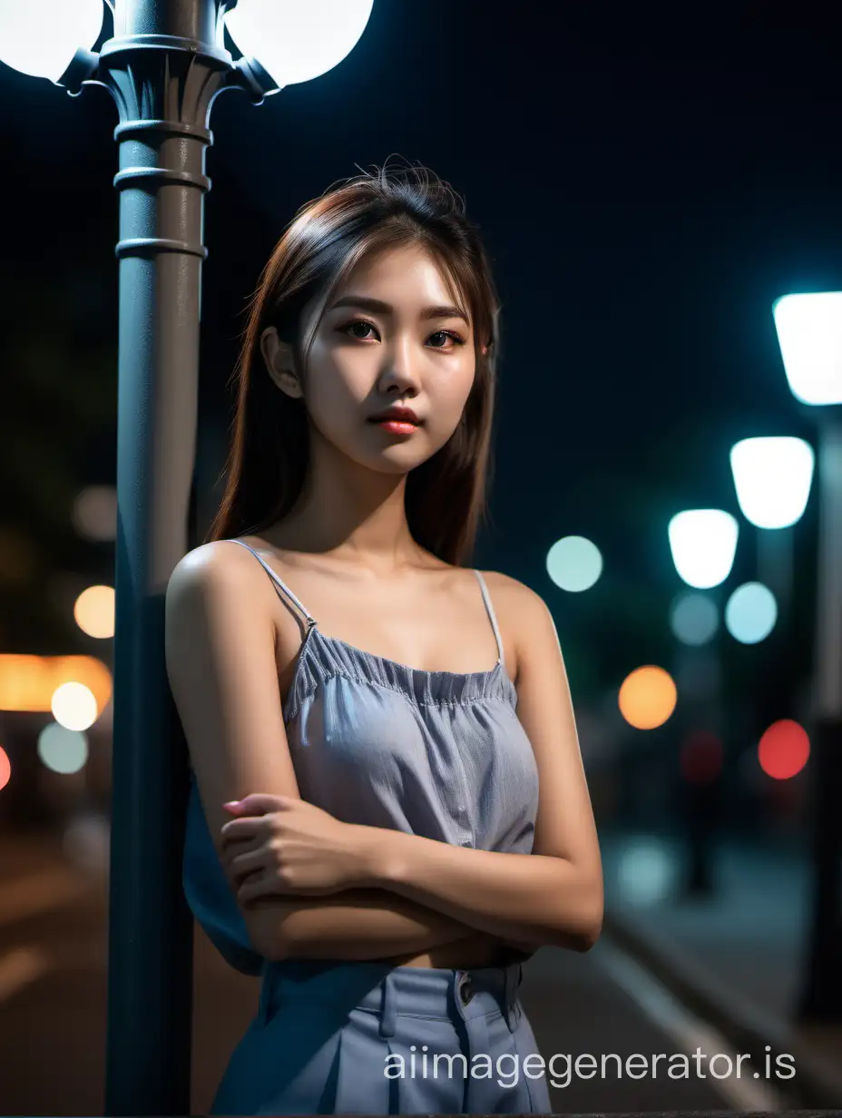 A pretty Asian girl posing by the street light, hands at her waist, looking at the viewer, shoulder hair, photorealistic, realism, highly detailed, best quality, raw photo, professional photography, masterpiece, beauty shot, depth of field, night shot, diffused lighting scenario, shot with Canon Eos R6, lens 50 mm f 1.4
