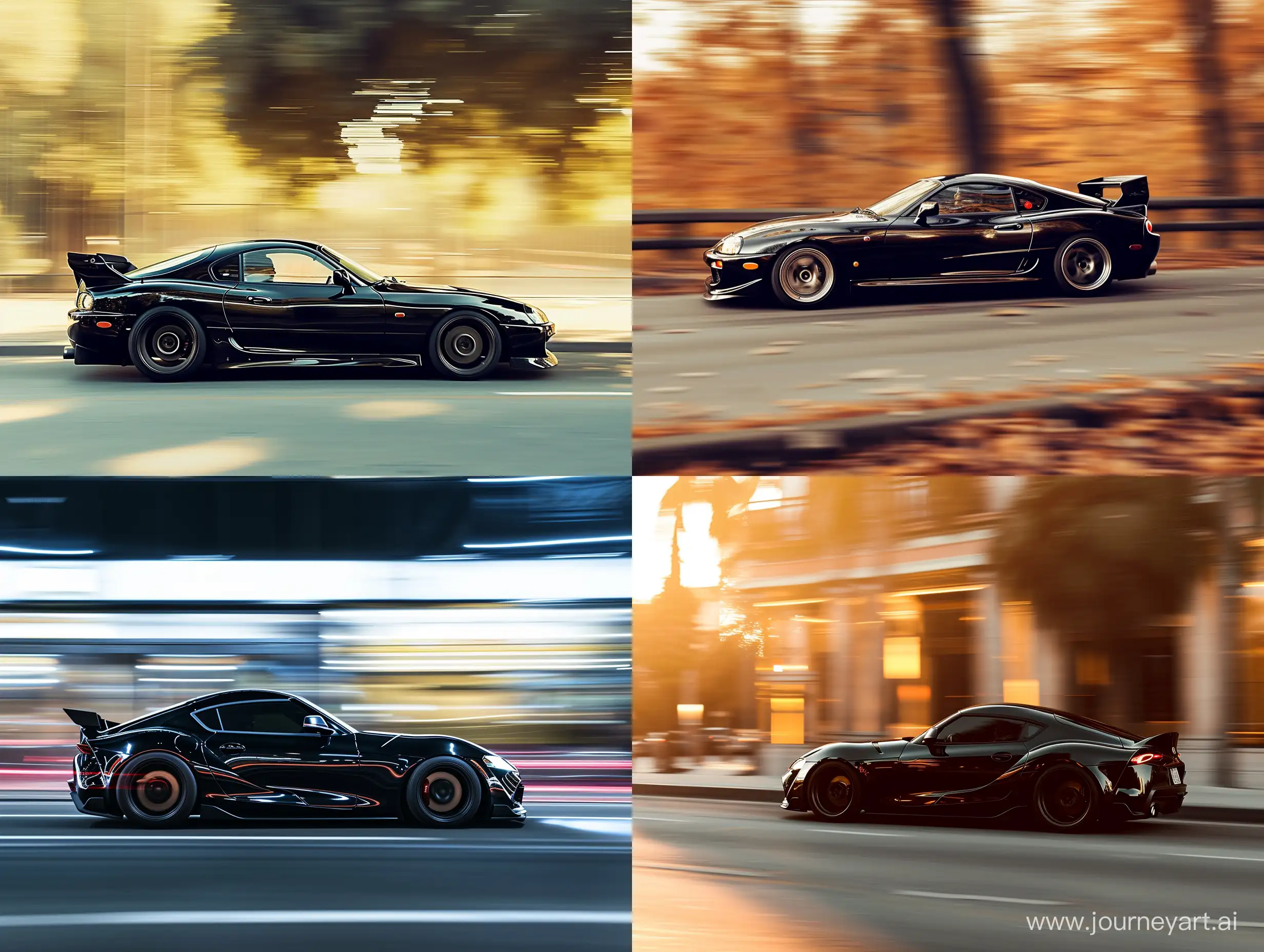Panning Effect Photography, supra mk4 car in black color --ar 4:3 --s 100 --style raw --v 6 