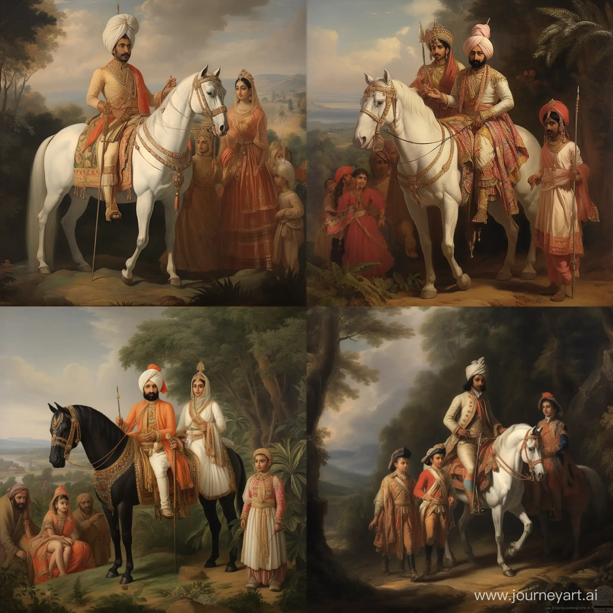 Индийский принц на лошаде со слугами перед стариком 