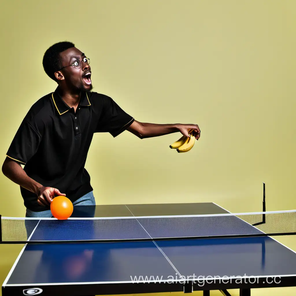 Негр играет в настольный теннис бананом 