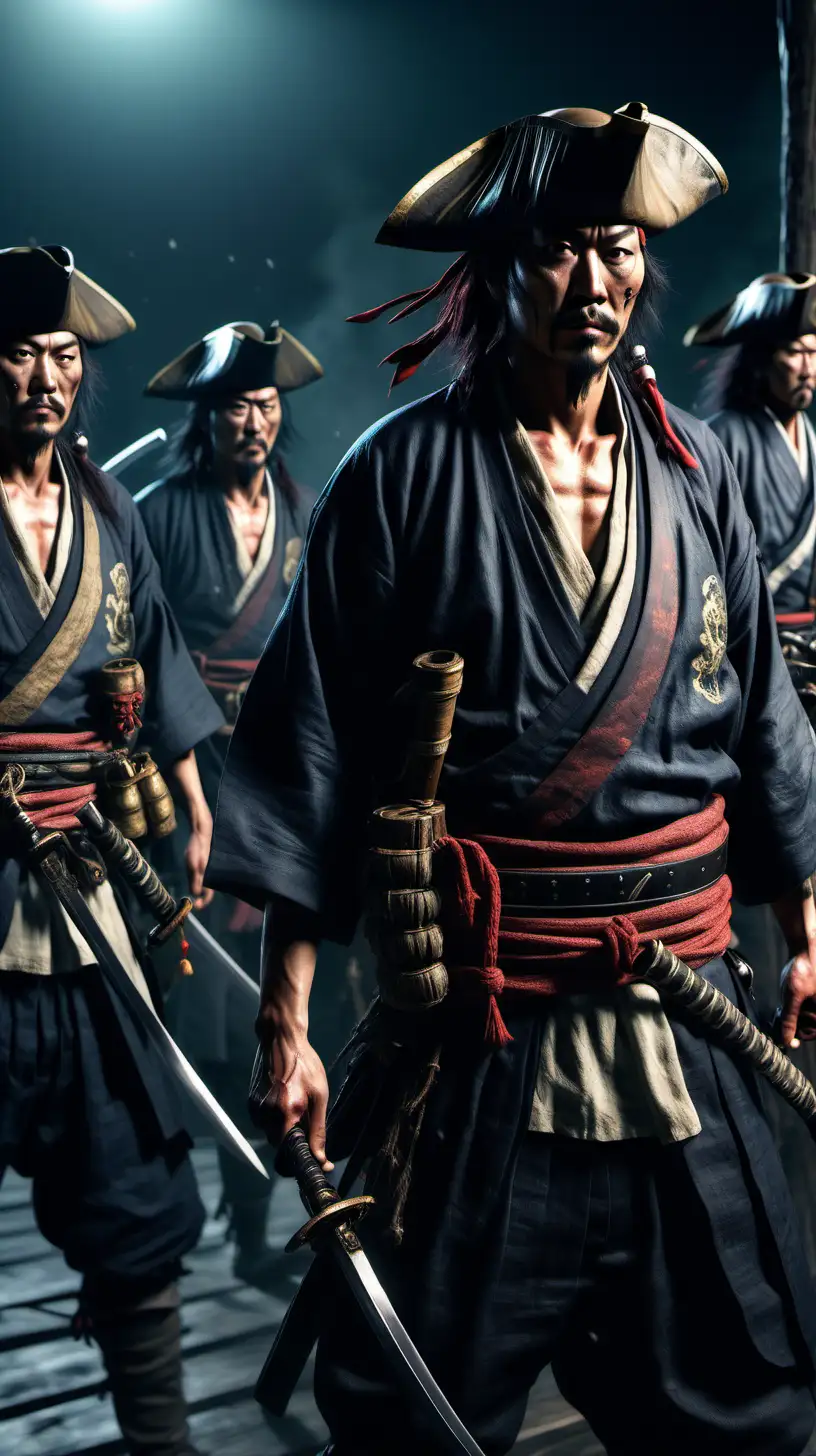 Imagen ultra realista,1550,piratas japoneses armados con katanas y mosquetes,iluminación cinematográfica,alta definición,16k