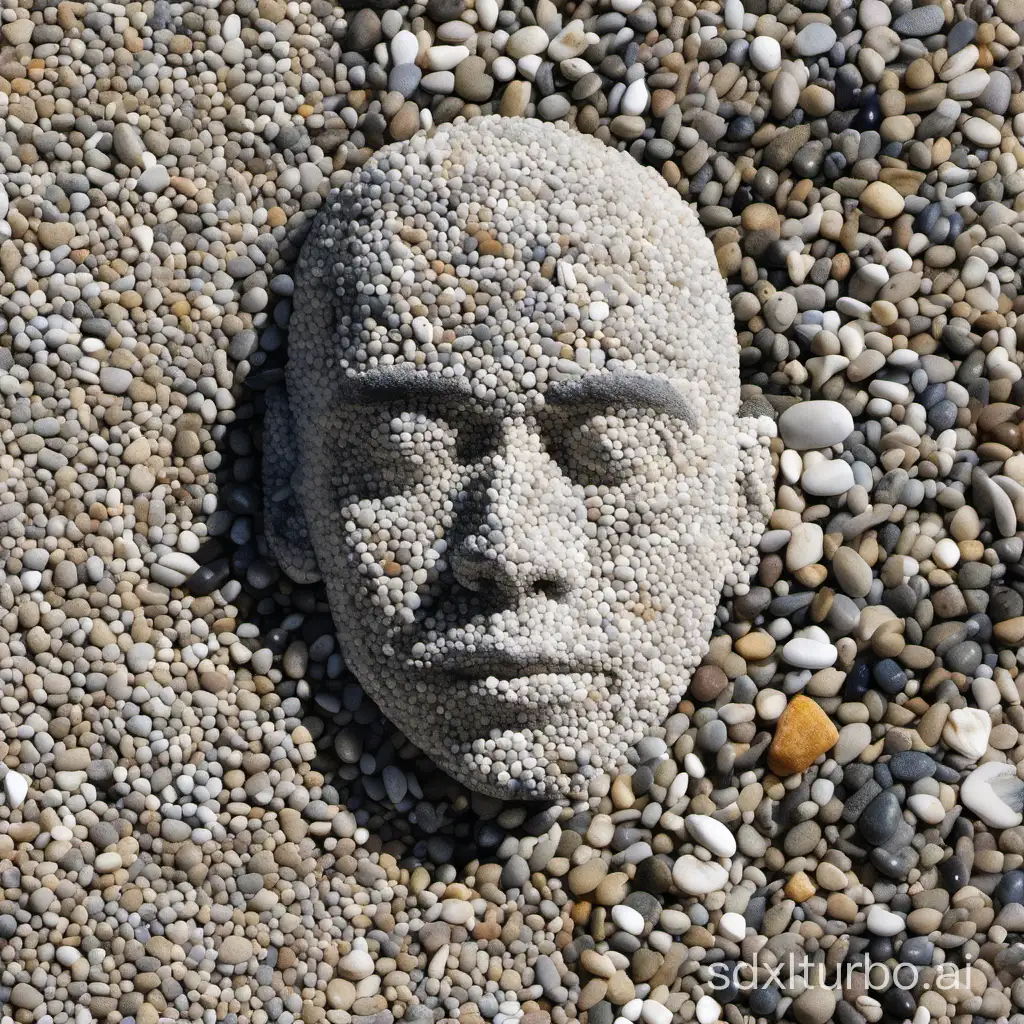 沙滩上有一个男子头像，头像由石子拼接而成。沙子灰白色，非常细粒。