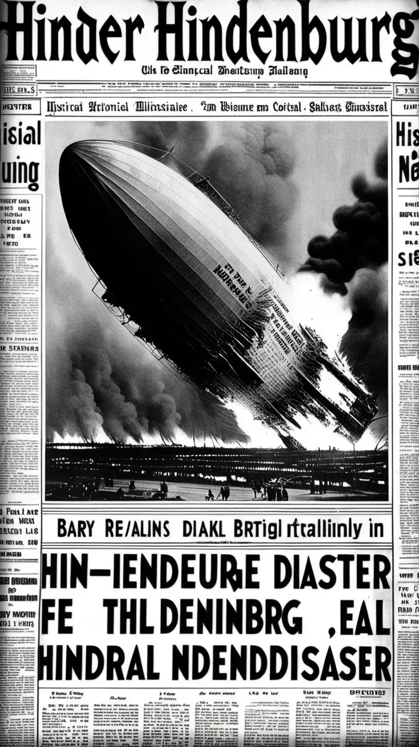 Historical footage of the Hindenburg disaster, newspaper headlines. hyper realistic

