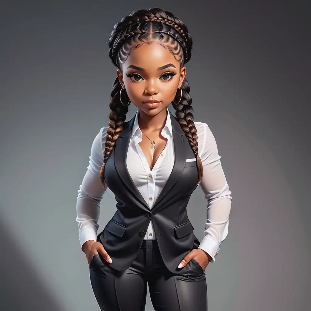 An realistic, chibi, beautiful Black woman, styled braids, boss babe, full length, dressed in luxury suit with tank top, face close up
