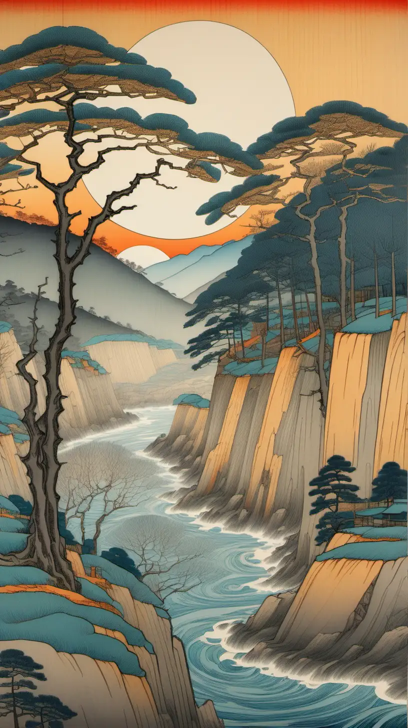 Leafless persimmon trees, during the pale teal and Golden Hour after a rainstorm. Faraway cliffs with pines. ukiyo-e, color mural woodcut, light color sketch by yoshitaka amano, paul serusier. Highest resolution, sharp outlines, fine detail, smooth shading

