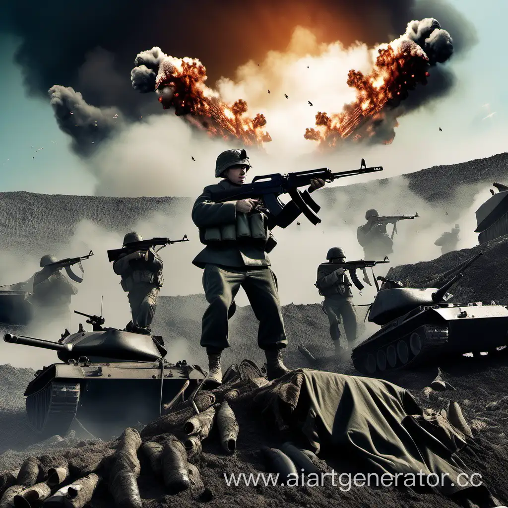 русский военный стоит на горе трупов с автоматом AK-47 вокруг стоят два танка и стреляет в небо как будто салюты.и это день когда война закончилась