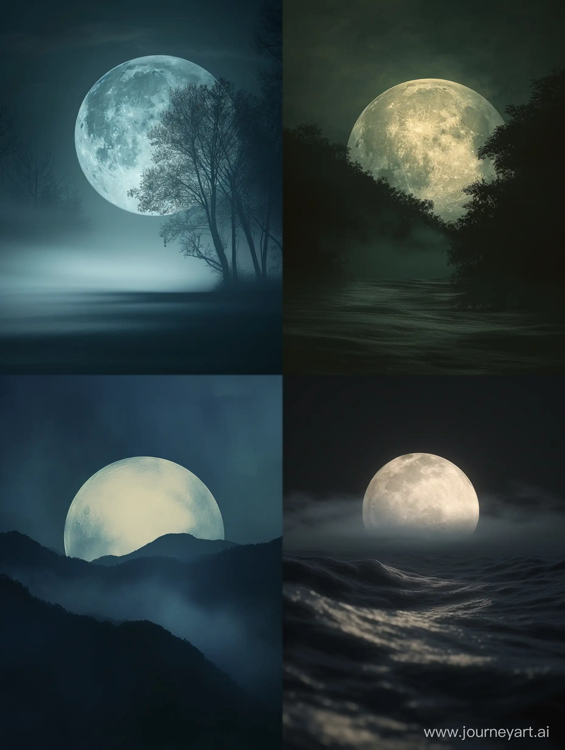 A night landscape where a full moon is obscured by subtle shadows.- Visual Filters: Action Film Look-Up Table (LUT)
- Camera Effects: Camera Blur, Camera Haze
- Time: Night time theme
- Resolution: High
- Aspect Ratio: 4:5 (vertical)