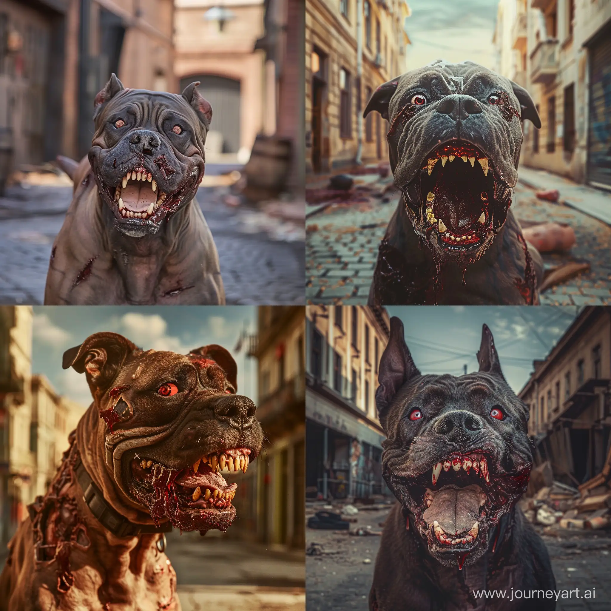 Zombie pes cane corso na postapokaliptickej ulici s chýbajúcou časťou tváre, s krvavými zubami, s krvavými očami ultrareslitsicke, 