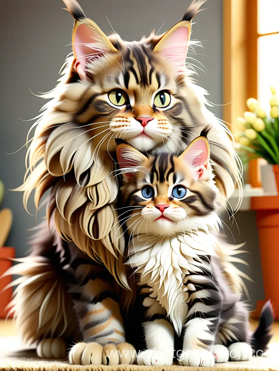 Adorable-Maine-Coon-Cat-Affectionately-Cuddles-a-Playful-Kitten