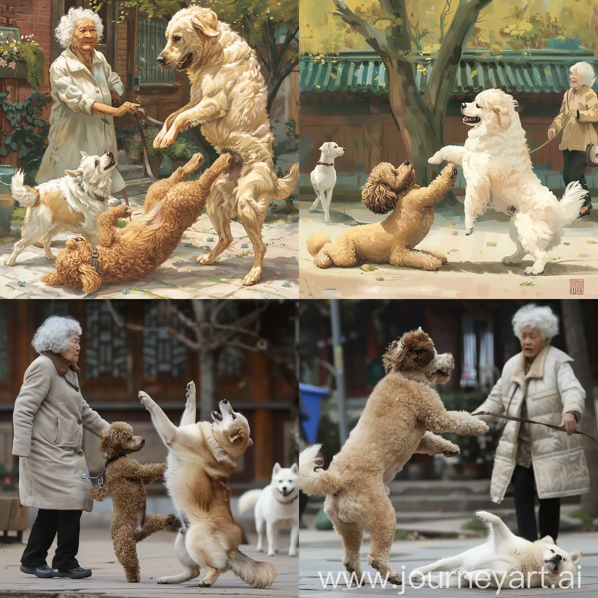 Elderly-Woman-Walking-Dogs-Encounter-with-Unleashed-Playful-Rural-Dog