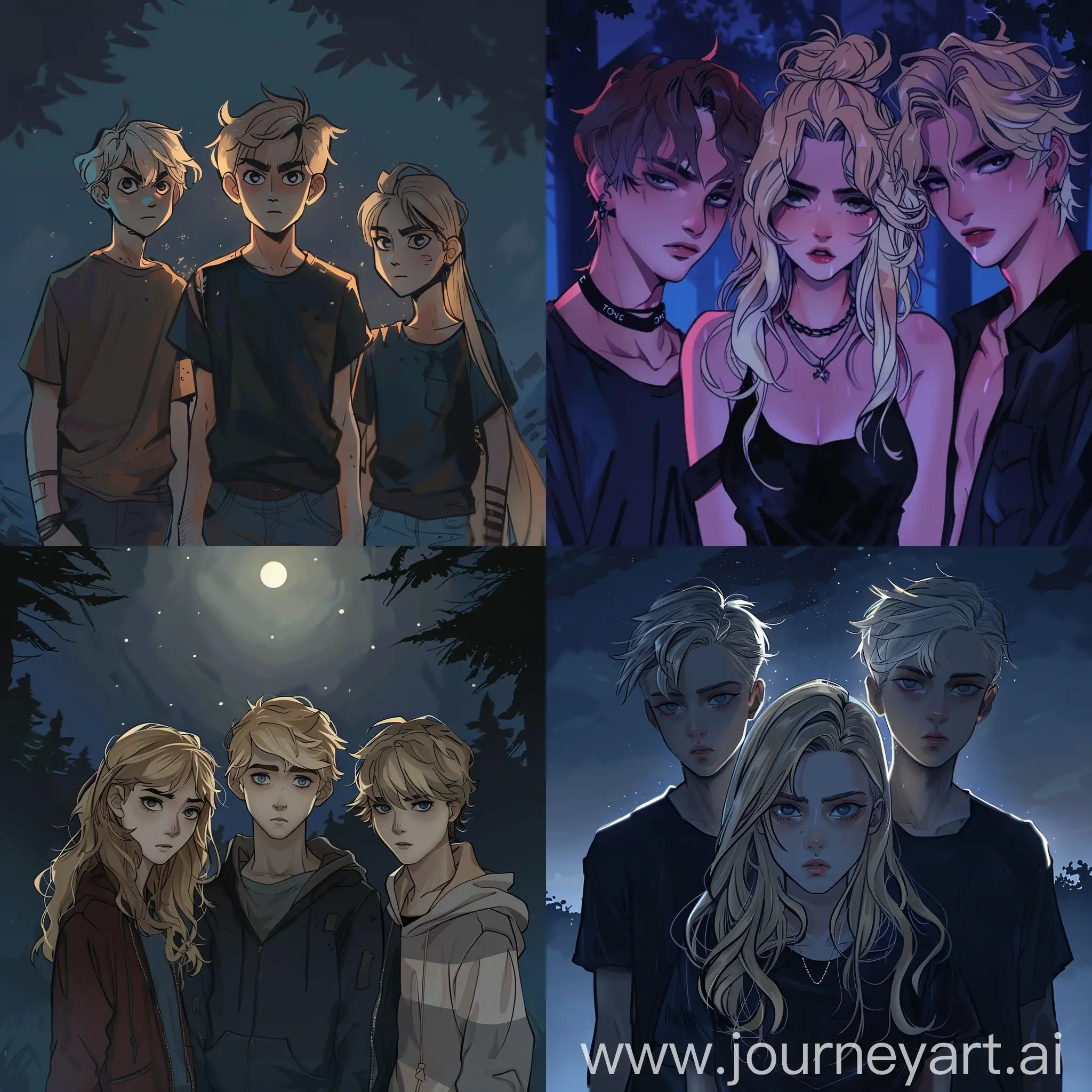 dark theme, teenagers, three teenagers, night, two boys and one girl, all of them are blonde, animated drawing