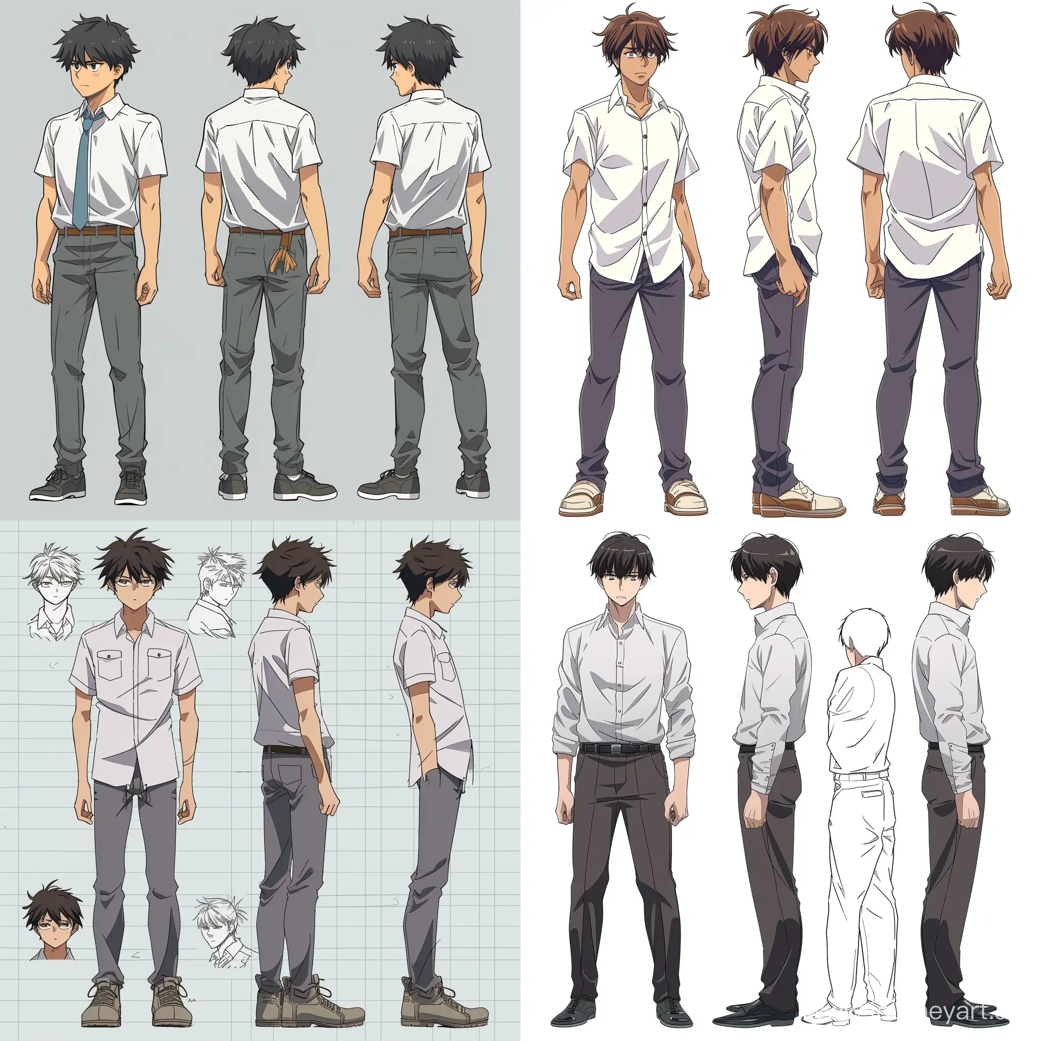 Kiyotaka Ayanokoji of the 2015 light novel series Classroom of the Elite anime full body character design sheet with front view, side view, and back view. Character design sheet. Character concept --v 6 --ar 1:1 --no 1203