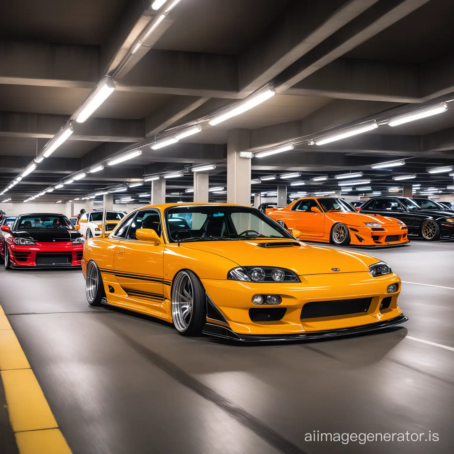 lively car meet in a parking garage with cars drifting like tokyo drift