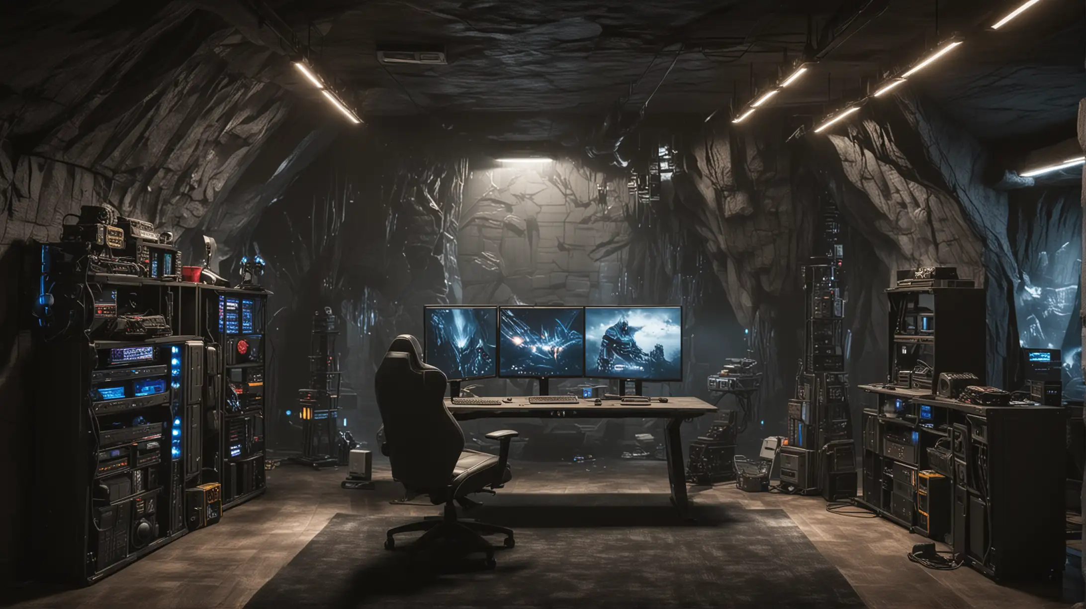 Sophisticated Batcave-inspired computer gaming setup