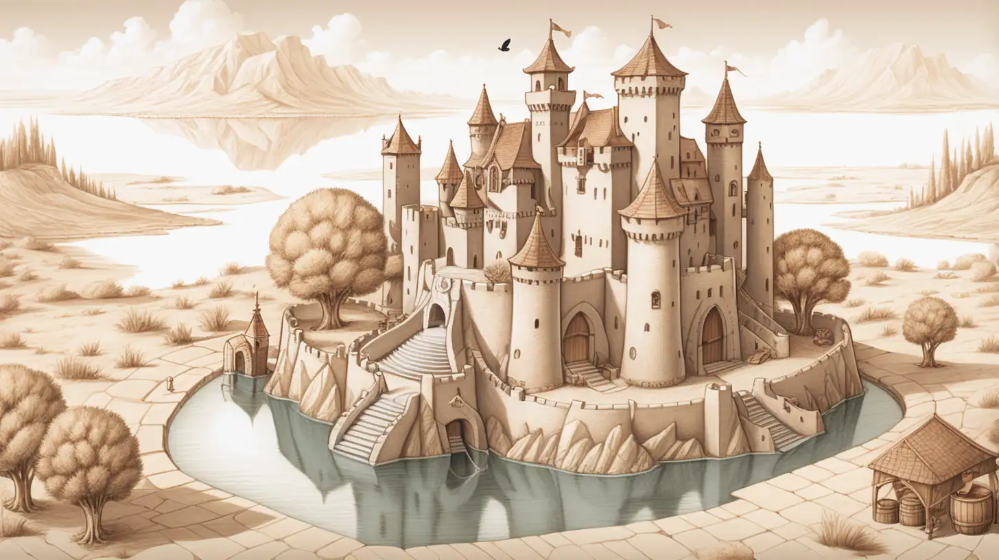 A small isolated desert castle surrounded by a lake, there is a single tower in the middle of the castle that has spiral stairs, there are boxes, barrels, medieval weapons, a fountain and some trees in the castle, a bird's eye view, one piece drawing style.  