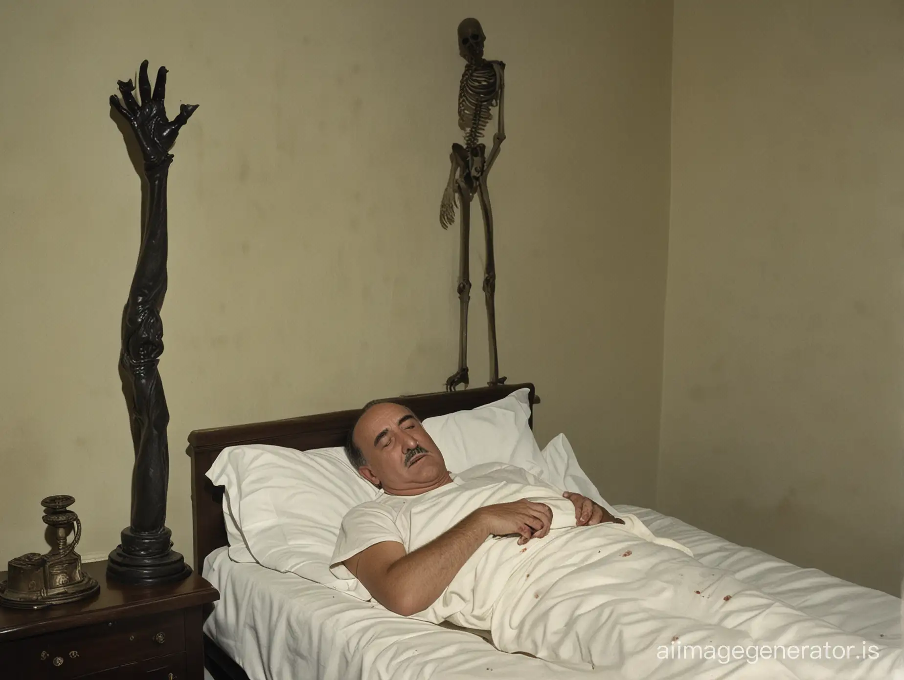 Francisco Franco sleeping in a room with a zombie arm in front of him