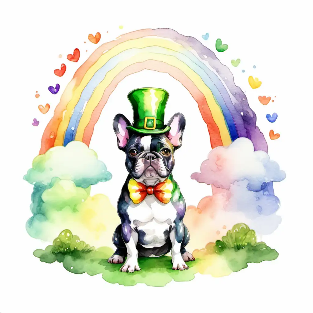 watercolor style, a leprechaun french bulldog in front of a rainbow on a white background.